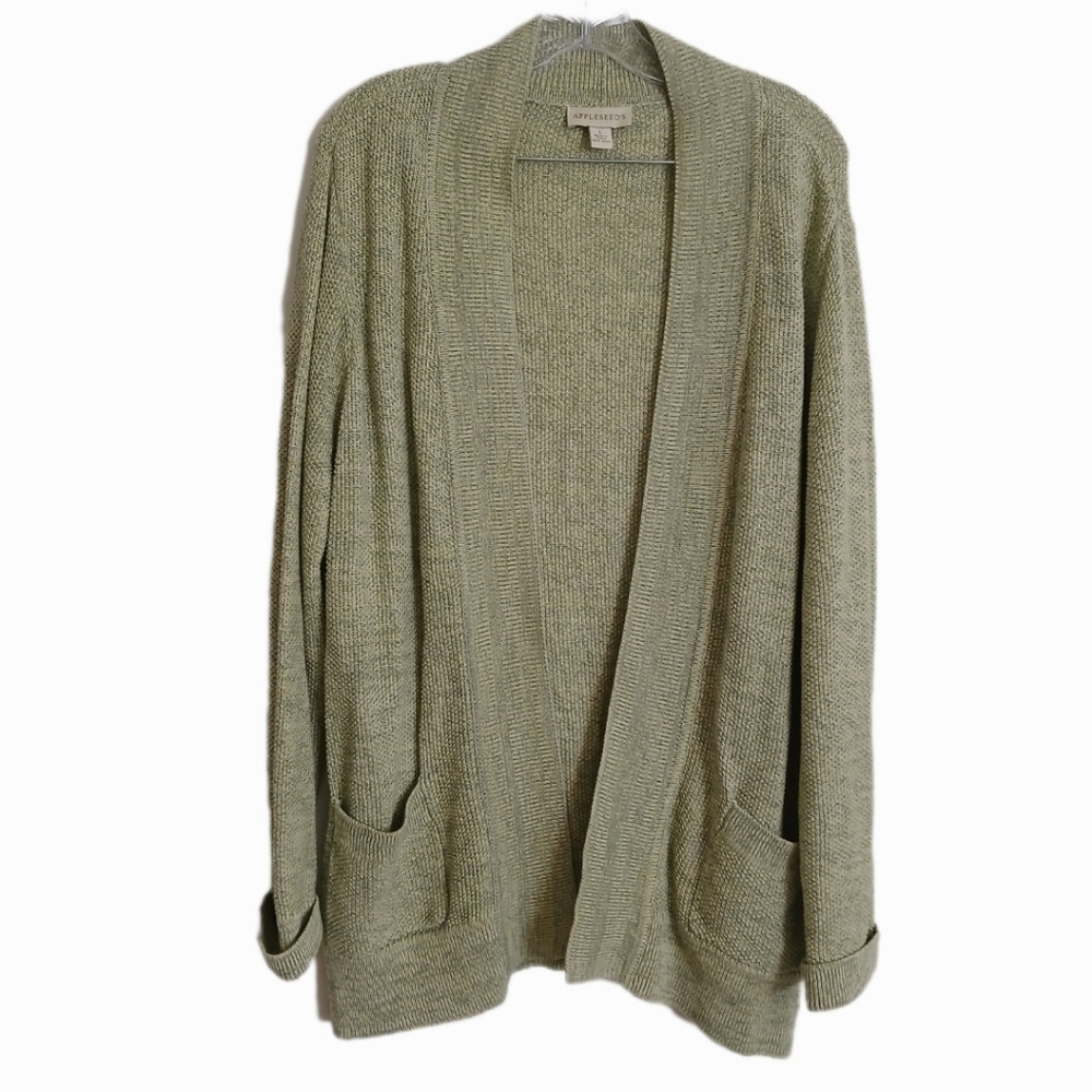 Appleseed's Size Large Linen Blend Women's Olive Green Open Front Cardigan